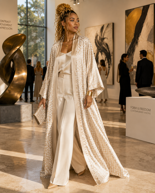 YBP Taupe Heirloom Satin Kaftan | Luxury Neutral Kaftan
