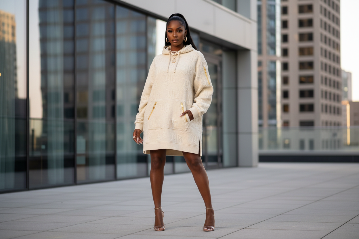 Woman wearing a cream-colored hoodie dress standing on a rooftop with cityscape background YBP Plug Standard Hoodie Dress oversized embossed monogram cotton fleece streetwear dress