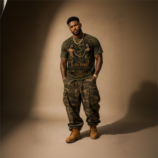 A man modeling an olive green graphic t-shirt with a detailed print, paired with matching camouflage cargo pants and brown boots, standing against a warm beige studio backdrop.