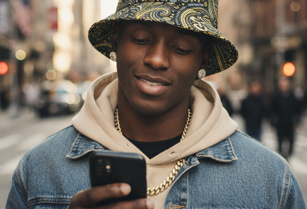 Man wearing a patterned bucket hat and denim jacket, looking at his phone on a city street.