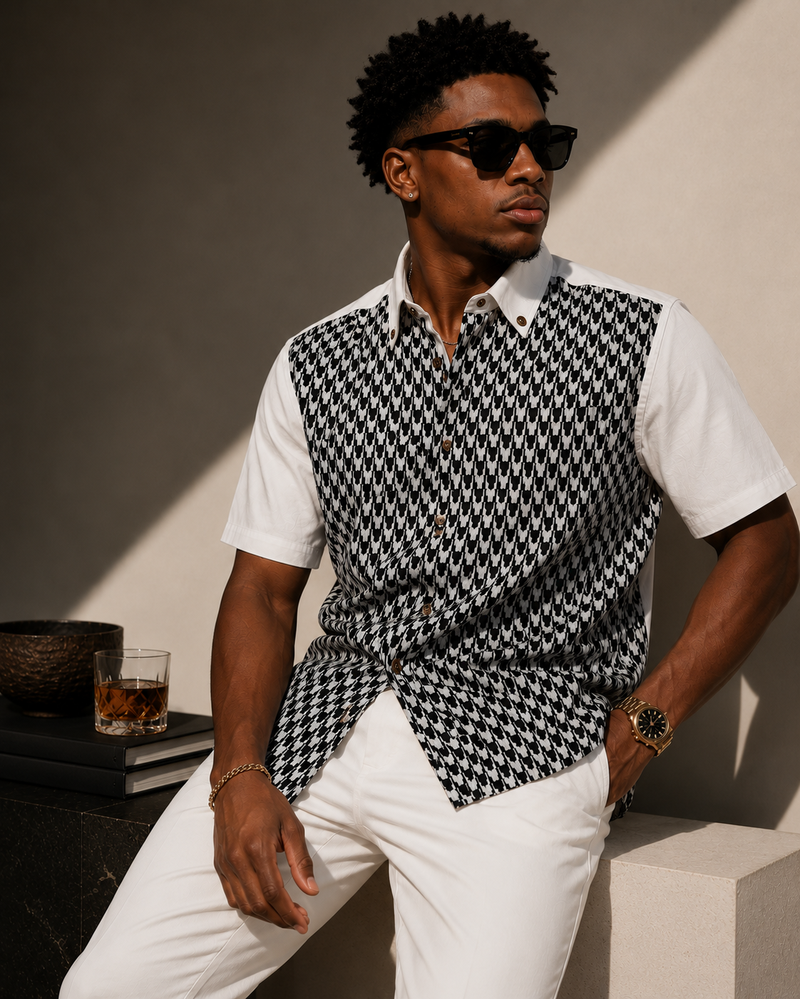 YBP Heirloom Premium Cotton Button-Up Shirt | Houndstooth Short Sleeve Shirt