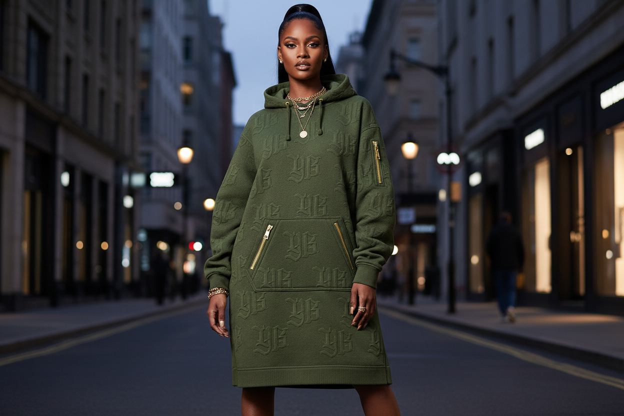 Woman wearing a green hoodie dress on a city street at dusk. YBP Plug Standard Hoodie Dress oversized embossed monogram cotton fleece streetwear dress