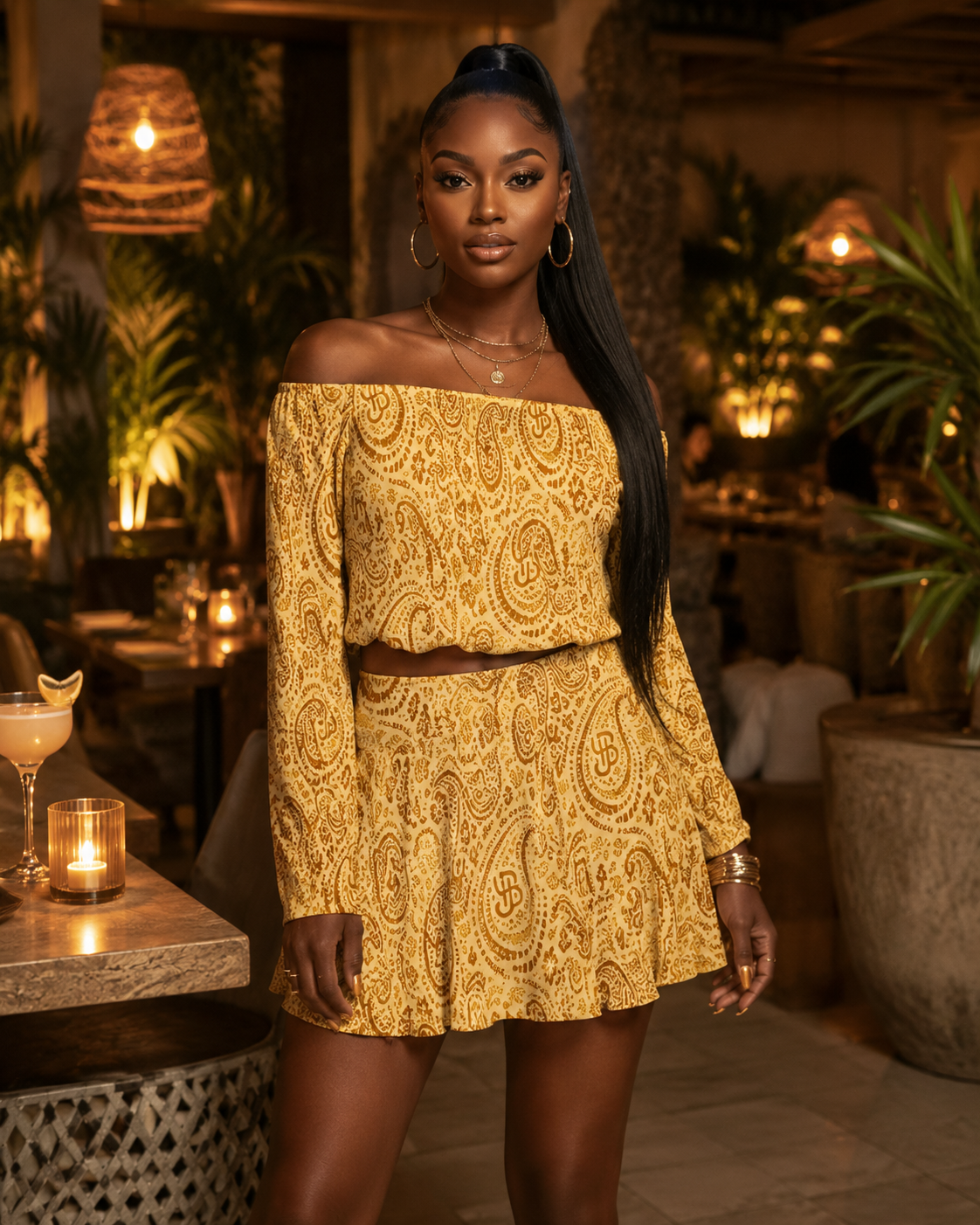 YBP Cocktails Collection Off-Shoulder Crop Top & Mini Skirt Set – Off-Shoulder Statement Outfit