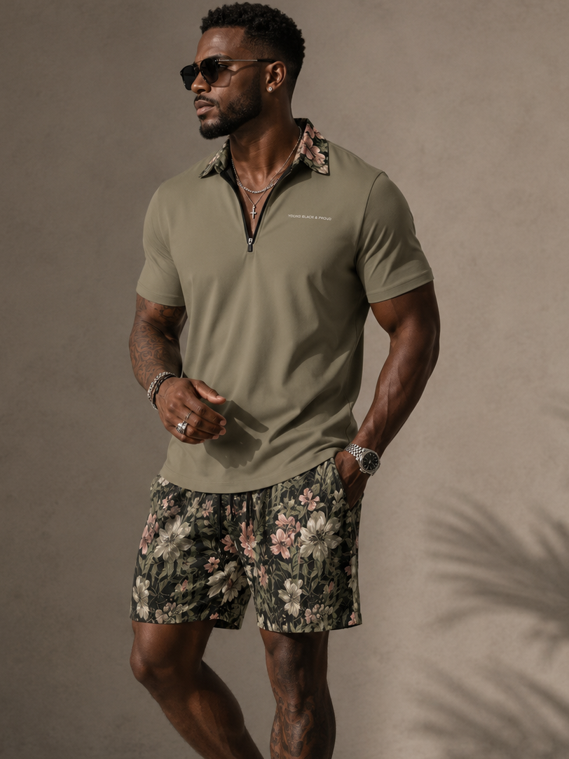 YBP Midnight Bloom Zip Polo Short Set