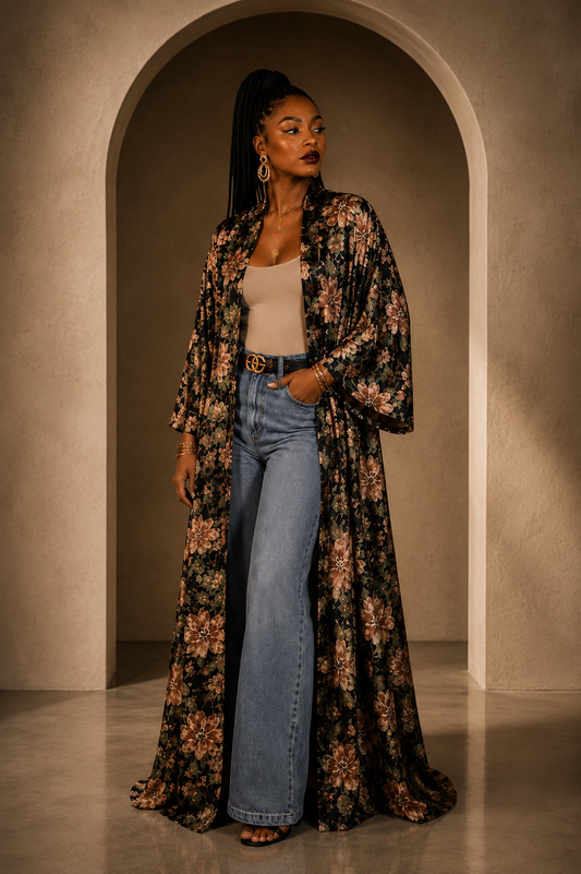 YBP Midnight Bloom Satin Kaftan | Luxury Floral Kaftan