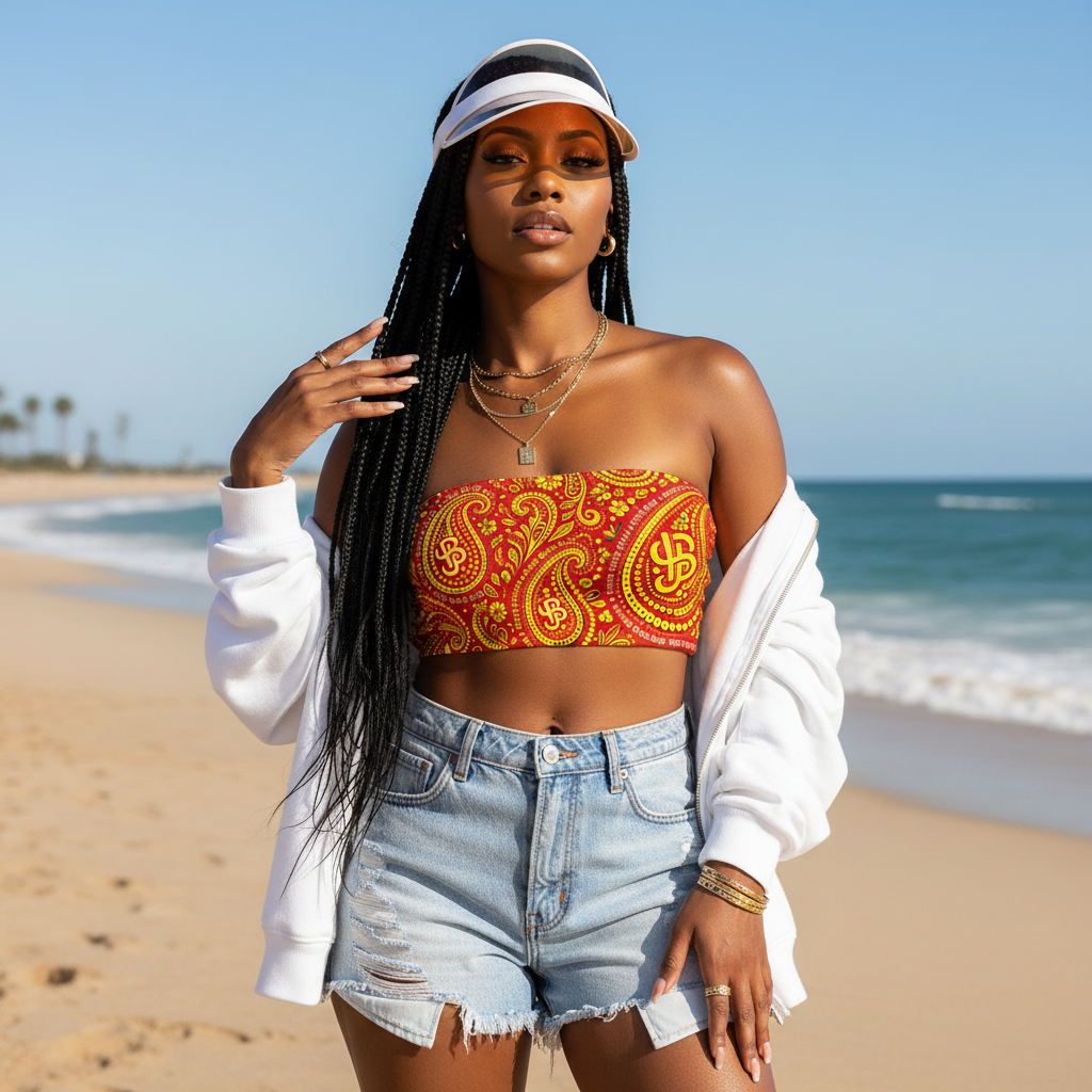 Woman in a colorful top and denim shorts on a beach YBP Cocktails Collection bandeau top strapless summer streetwear crop top
