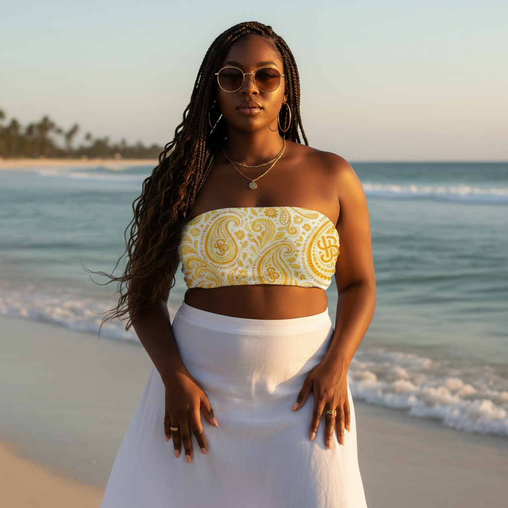 Woman in a yellow and white patterned top and white skirt standing on a beach. YBP Cocktails Collection bandeau top strapless summer streetwear crop top