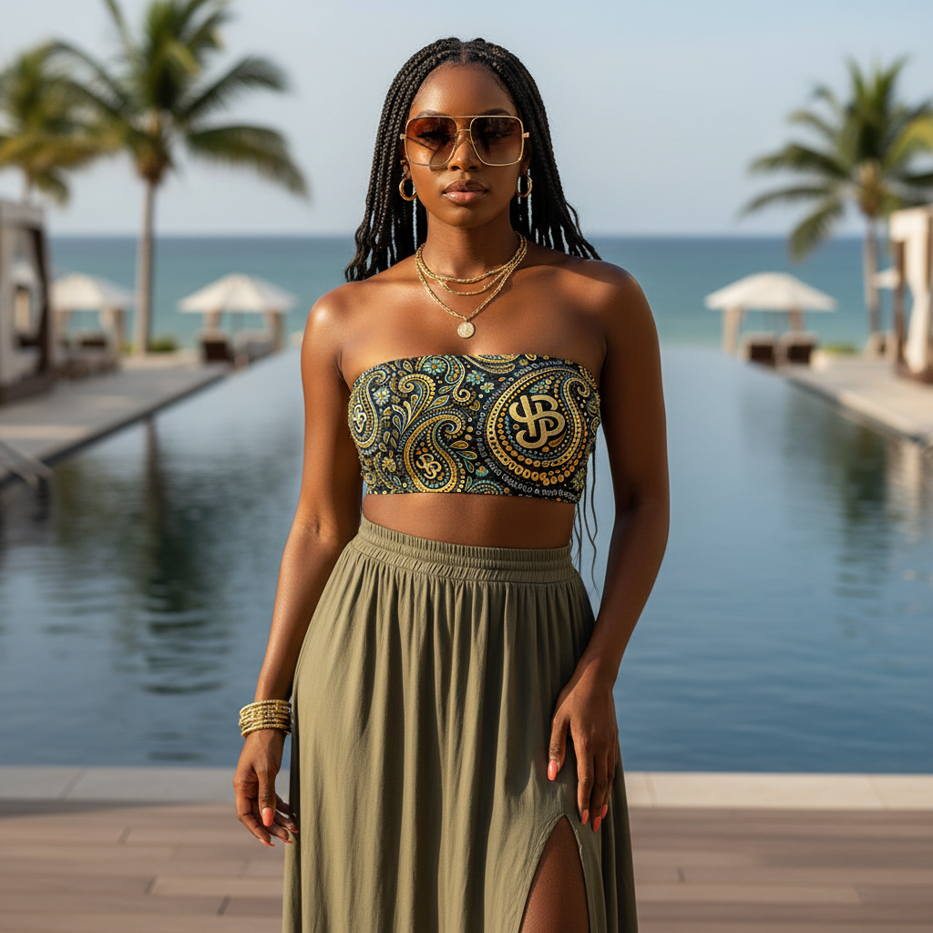 Woman in a patterned top and long skirt standing by a pool with palm trees and ocean in the background YBP Cocktails Collection bandeau top strapless summer streetwear crop top