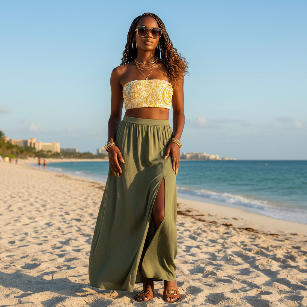 Woman in a strapless top and long skirt standing on a beach with ocean and skyline in the background. YBP Cocktails Collection bandeau top strapless summer streetwear crop top