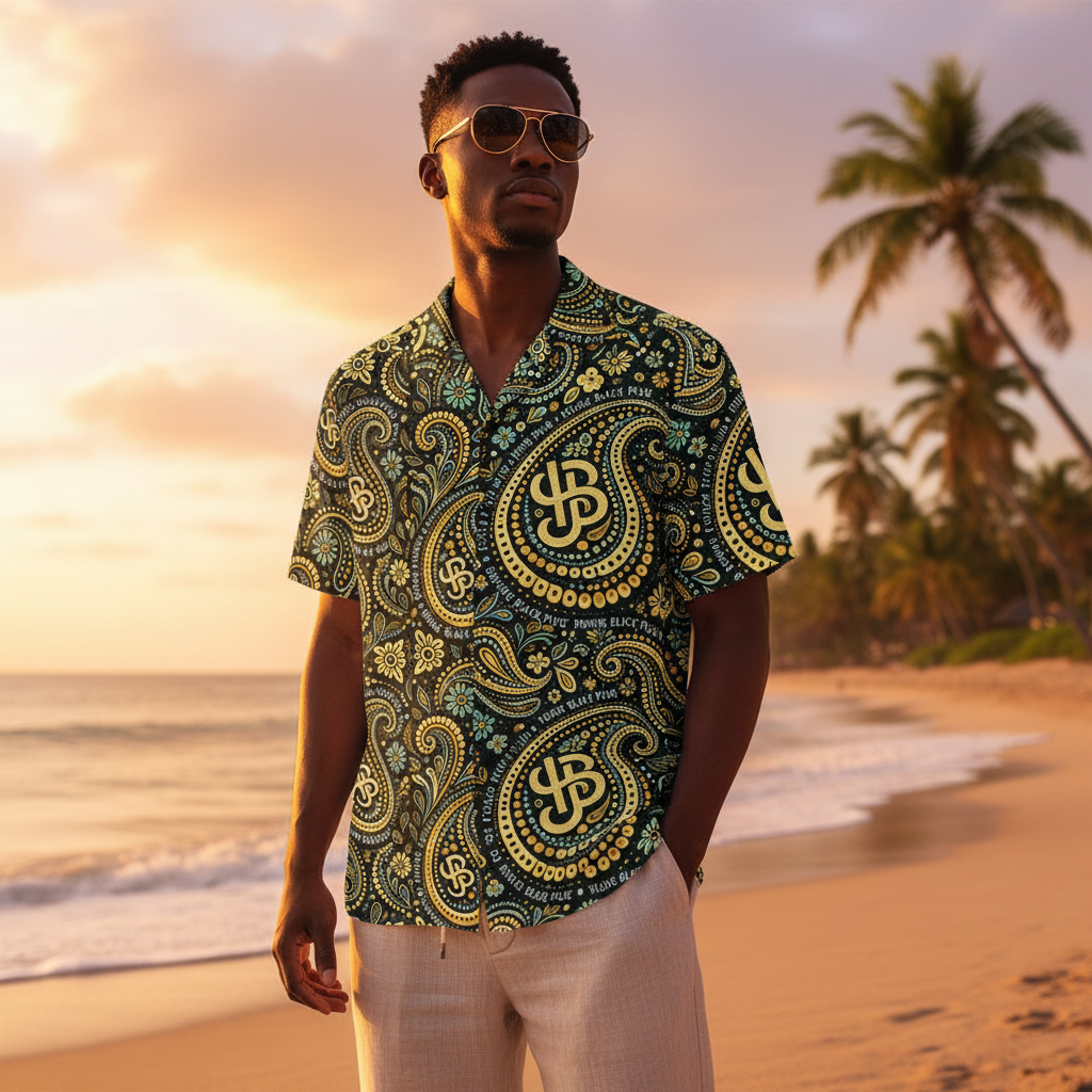 Man wearing a patterned shirt on a beach with palm trees and sunset. YBP Cocktails Collection button up shirt lightweight summer paisley camp shirt