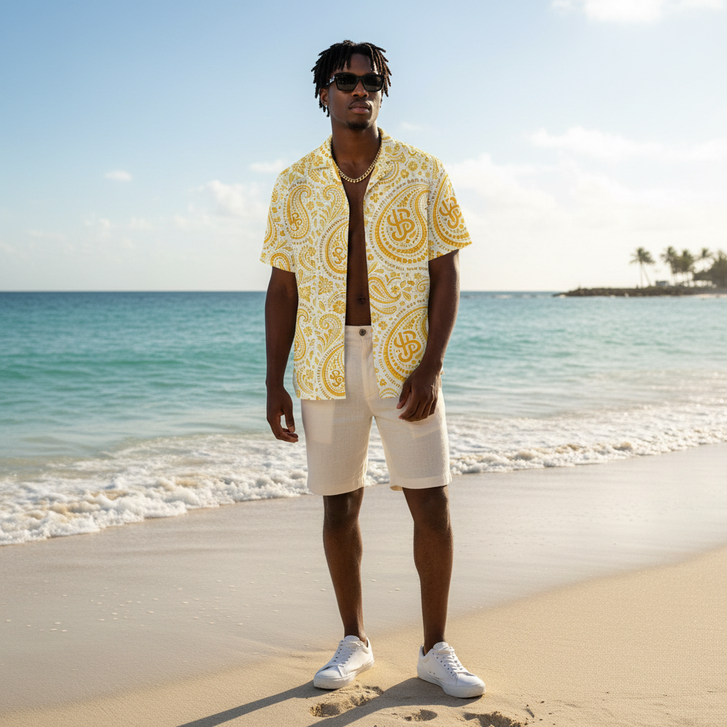Man wearing a yellow patterned shirt and white shorts standing on a beach. YBP Cocktails Collection button up shirt lightweight summer paisley camp shirt