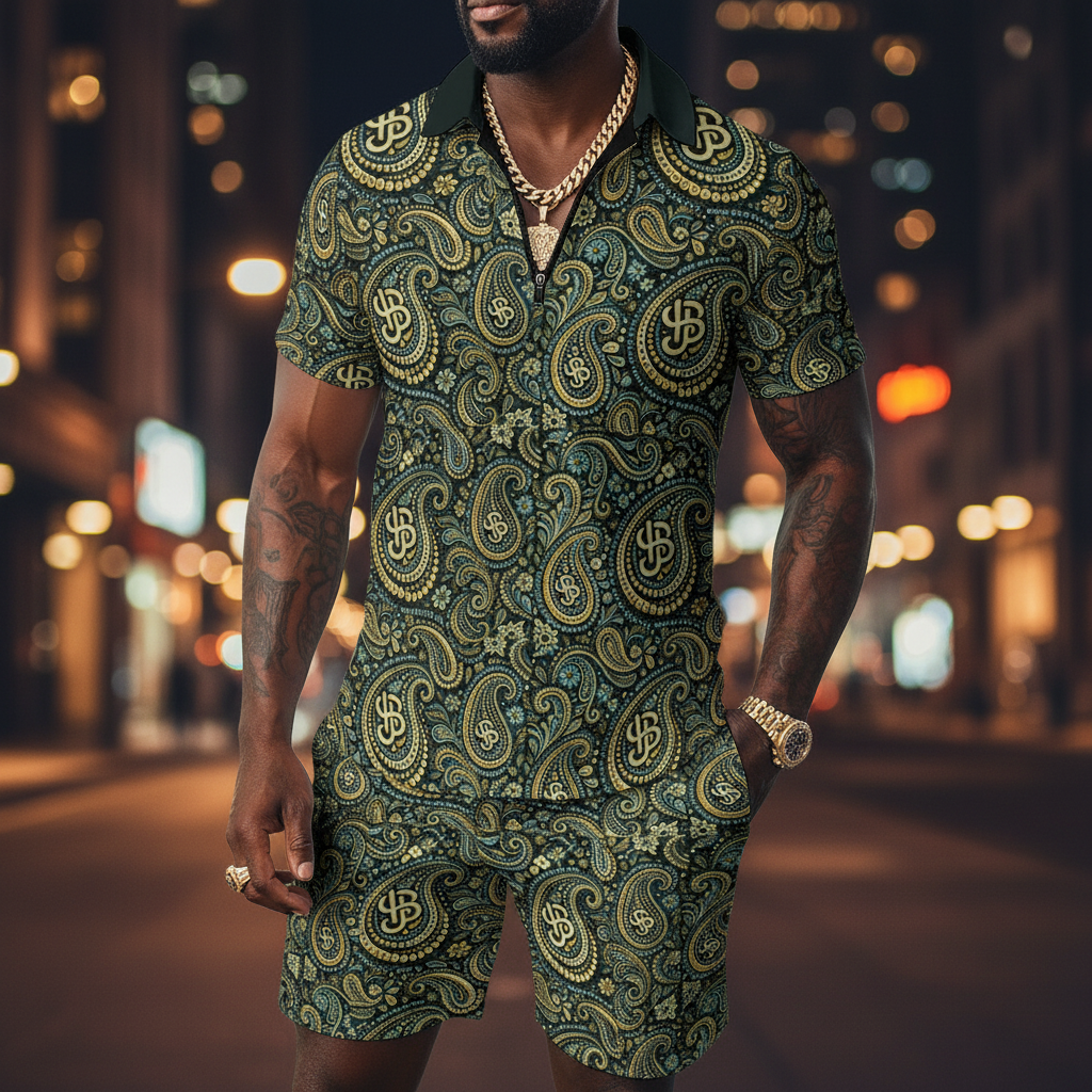 YBP Cocktails Collection men's tracksuit lightweight zip polo and shorts set