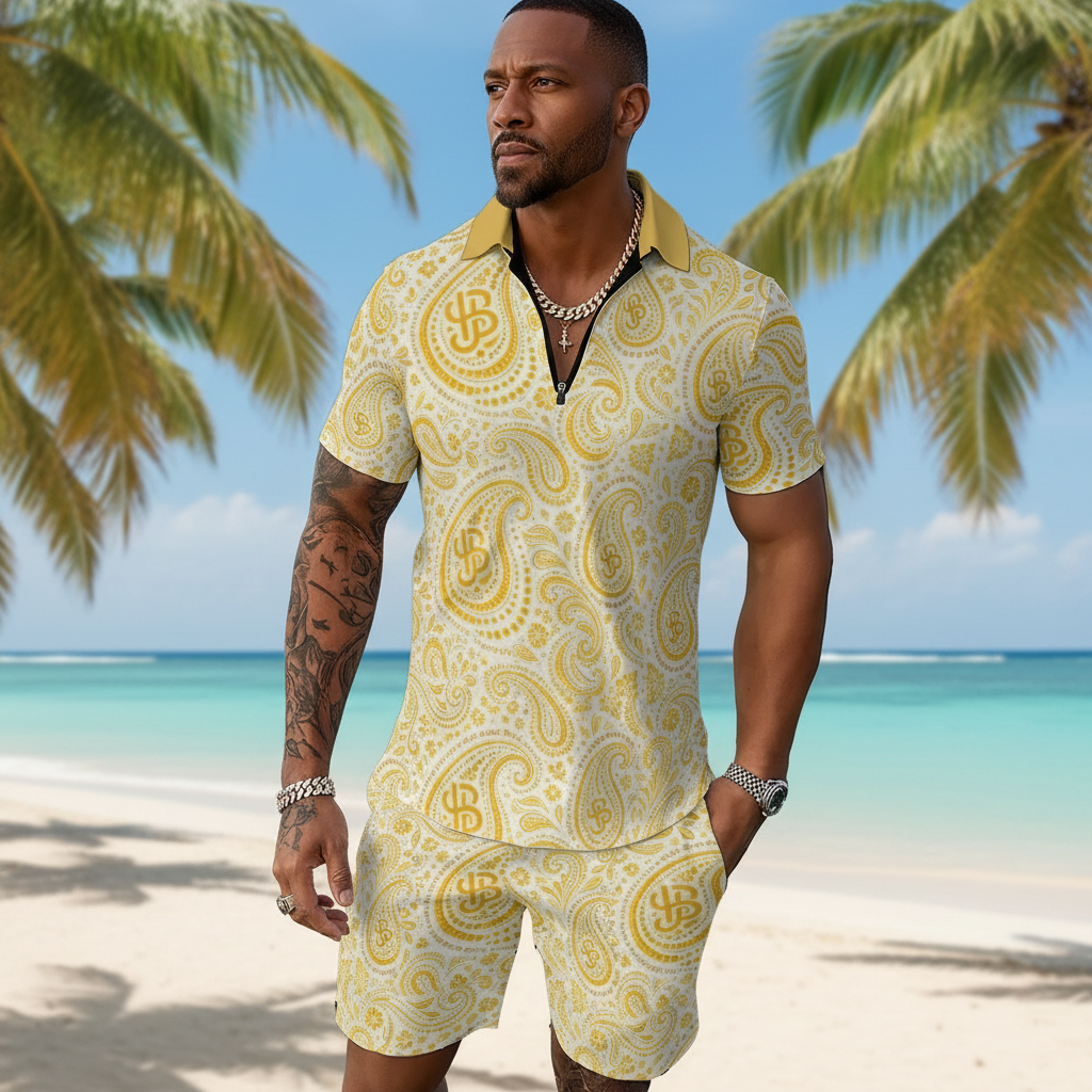 YBP Cocktails Collection men's tracksuit lightweight zip polo and shorts set