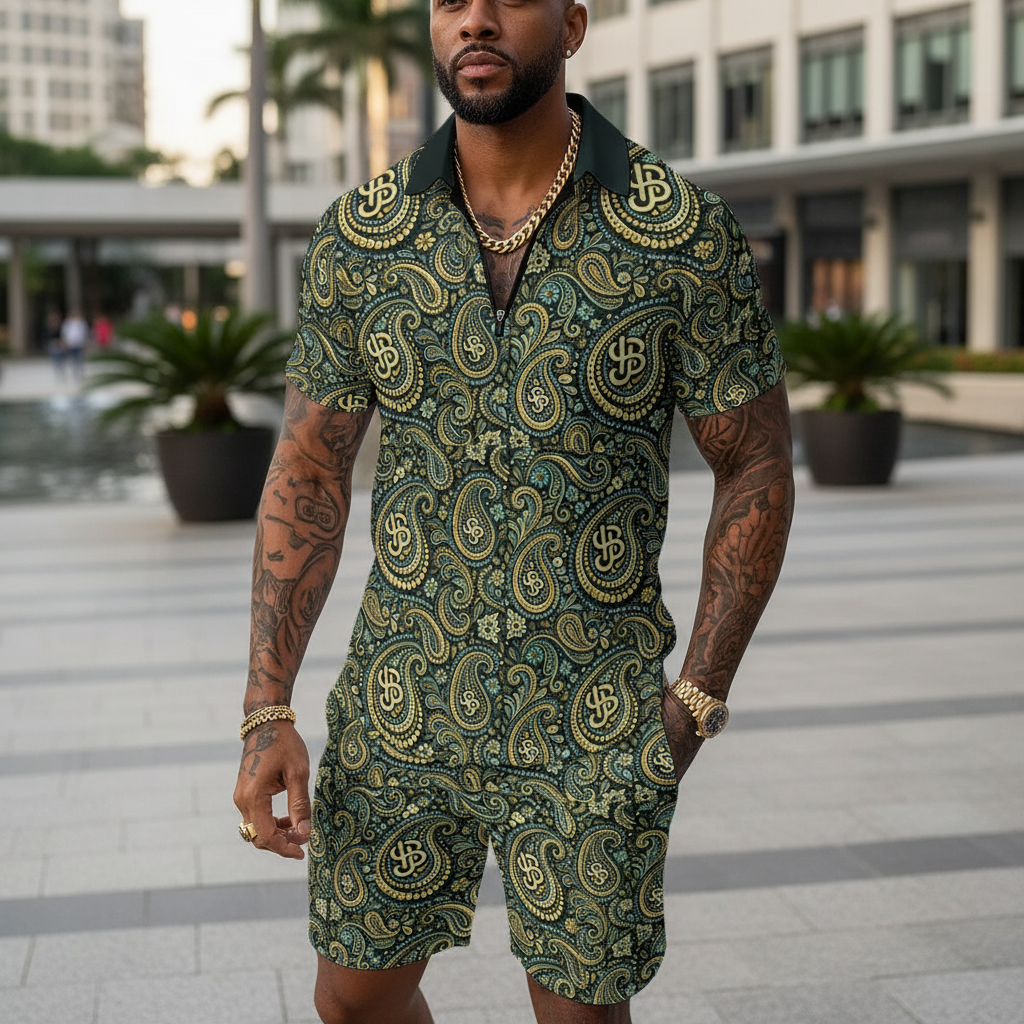 YBP Cocktails Collection men's tracksuit lightweight zip polo and shorts set