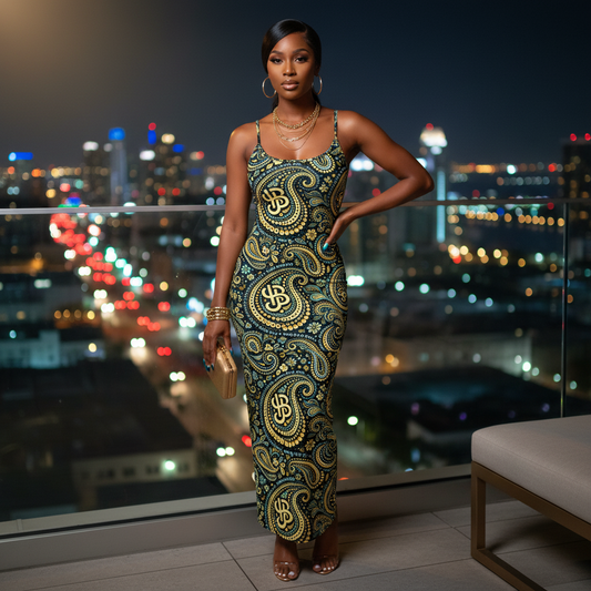 Woman in a patterned dress standing on a balcony with a cityscape at night. sheer mesh maxi dress from the YBP Cocktails Collection