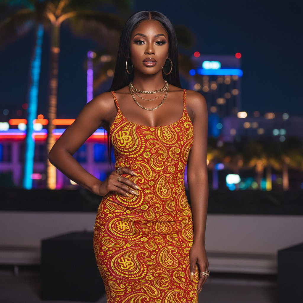 Woman in a red and yellow patterned dress standing in front of a cityscape at night. sheer mesh maxi dress from the YBP Cocktails Collection