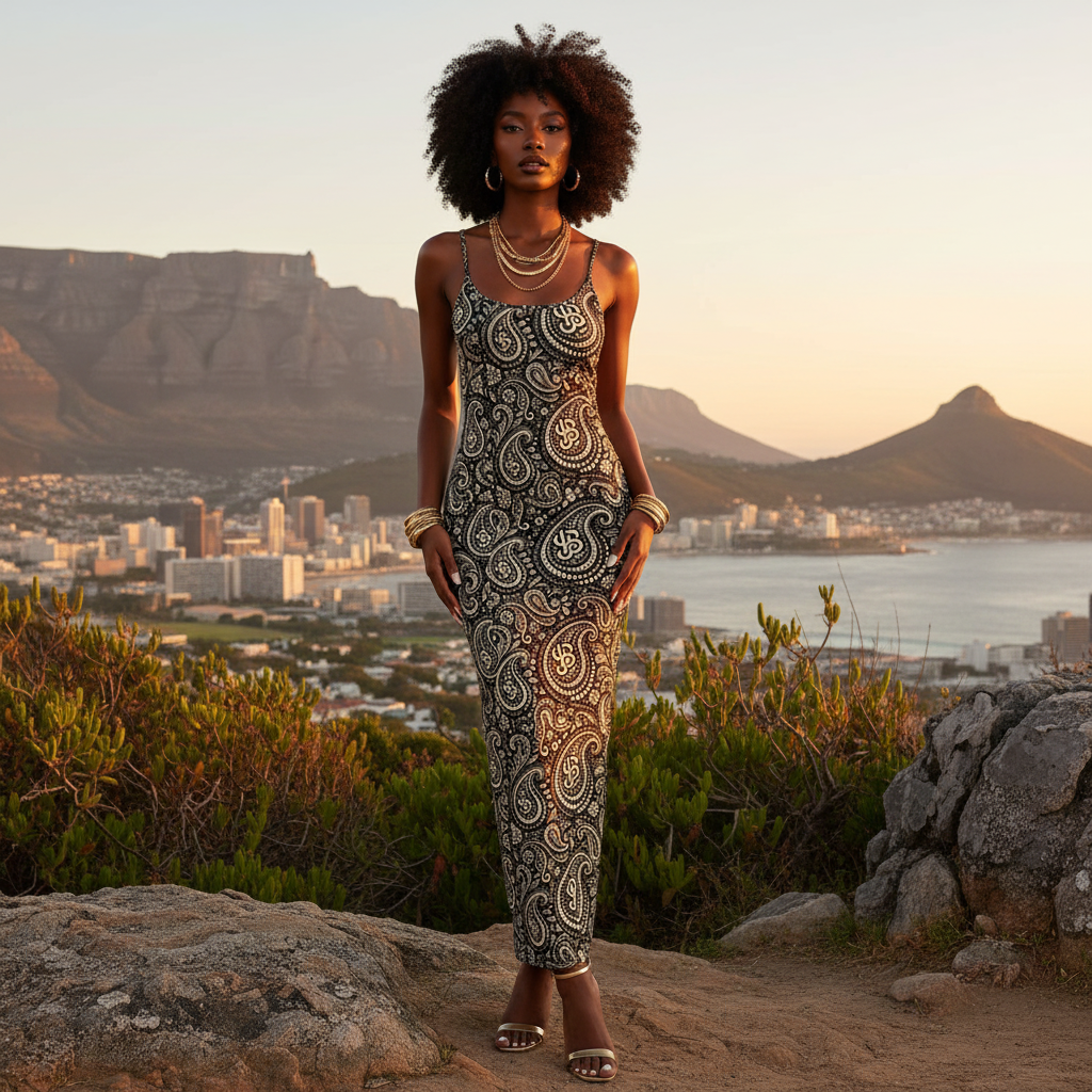 Woman in a patterned dress standing on a scenic overlook with a cityscape and mountains in the background. sheer mesh maxi dress from the YBP Cocktails Collection