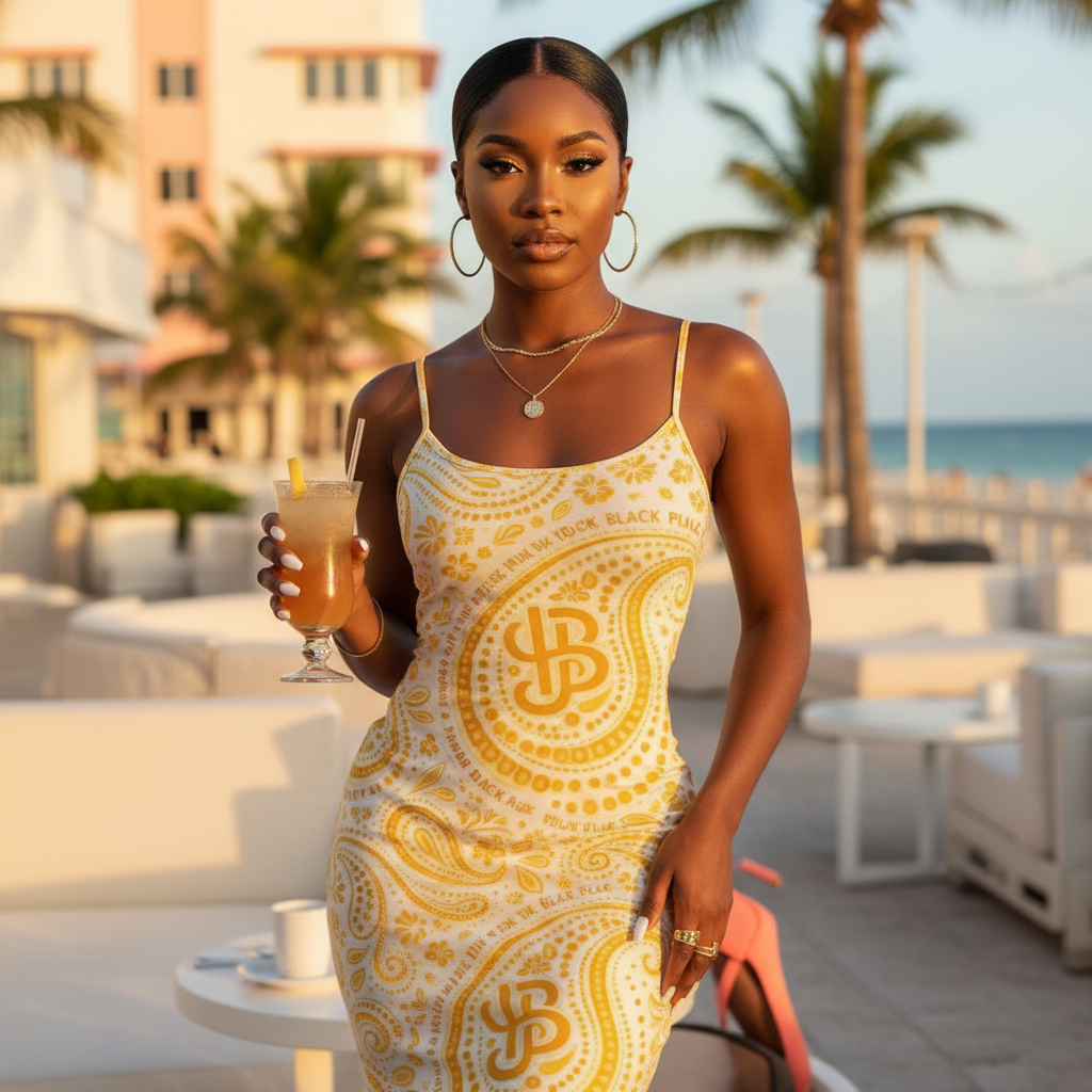 Woman in a yellow patterned dress holding a drink on a beachside patio. sheer mesh maxi dress from the YBP Cocktails Collection