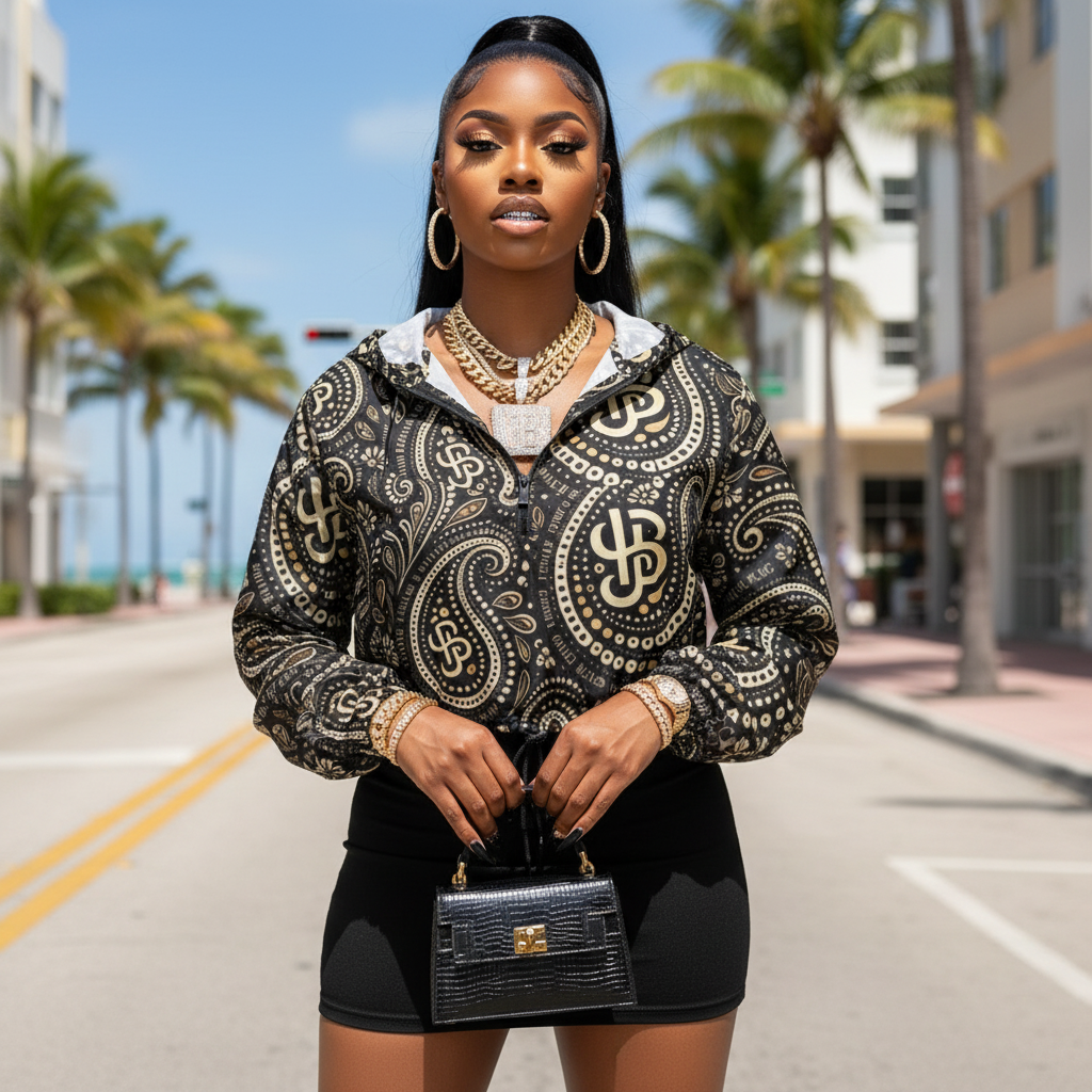Woman in a patterned hoodie and black shorts standing on a street with palm trees in the background YBP Cocktails Collection women's cropped windbreaker lightweight waterproof streetwear jacket
