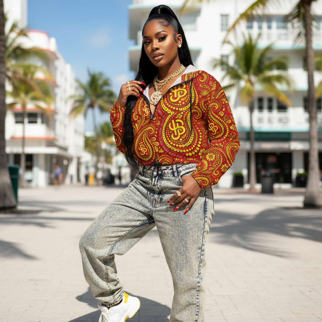 Woman wearing a colorful patterned top and jeans on a street with palm trees. YBP Cocktails Collection women's cropped windbreaker lightweight waterproof streetwear jacket