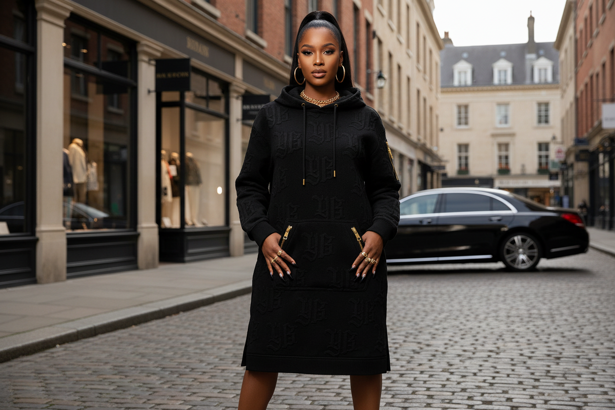 Woman wearing a black hoodie dress on a city street. YBP Plug Standard Hoodie Dress oversized embossed monogram cotton fleece streetwear dress