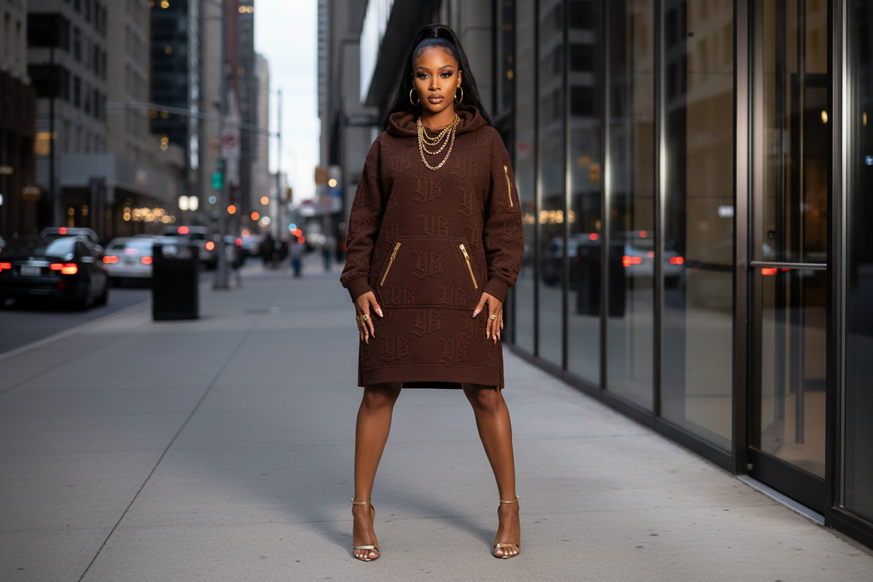 Woman in a brown dress standing on a city street with urban architecture. YBP Plug Standard Hoodie Dress oversized embossed monogram cotton fleece streetwear dress