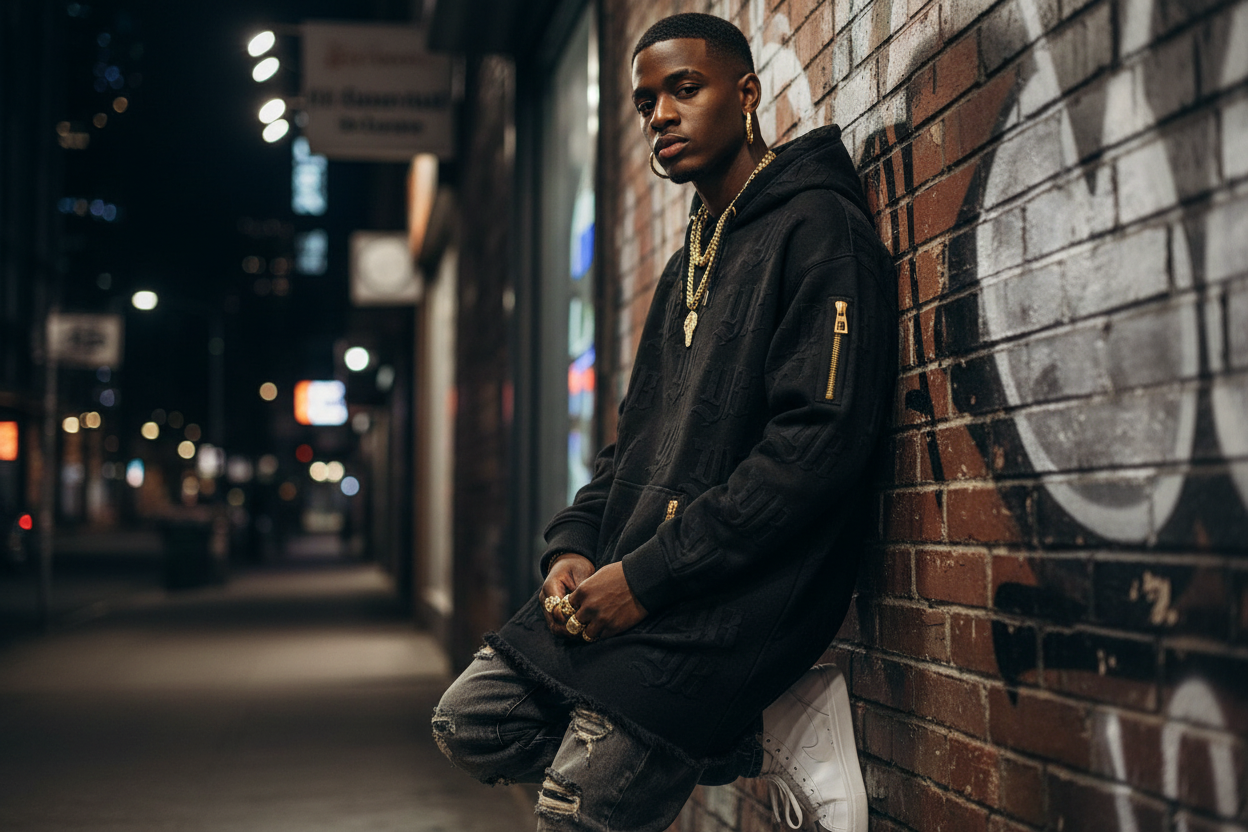 Man leaning against a graffiti-covered wall at night YBP Plug Standard Monogram Hoodie oversized embossed monogram heavyweight streetwear hoodie