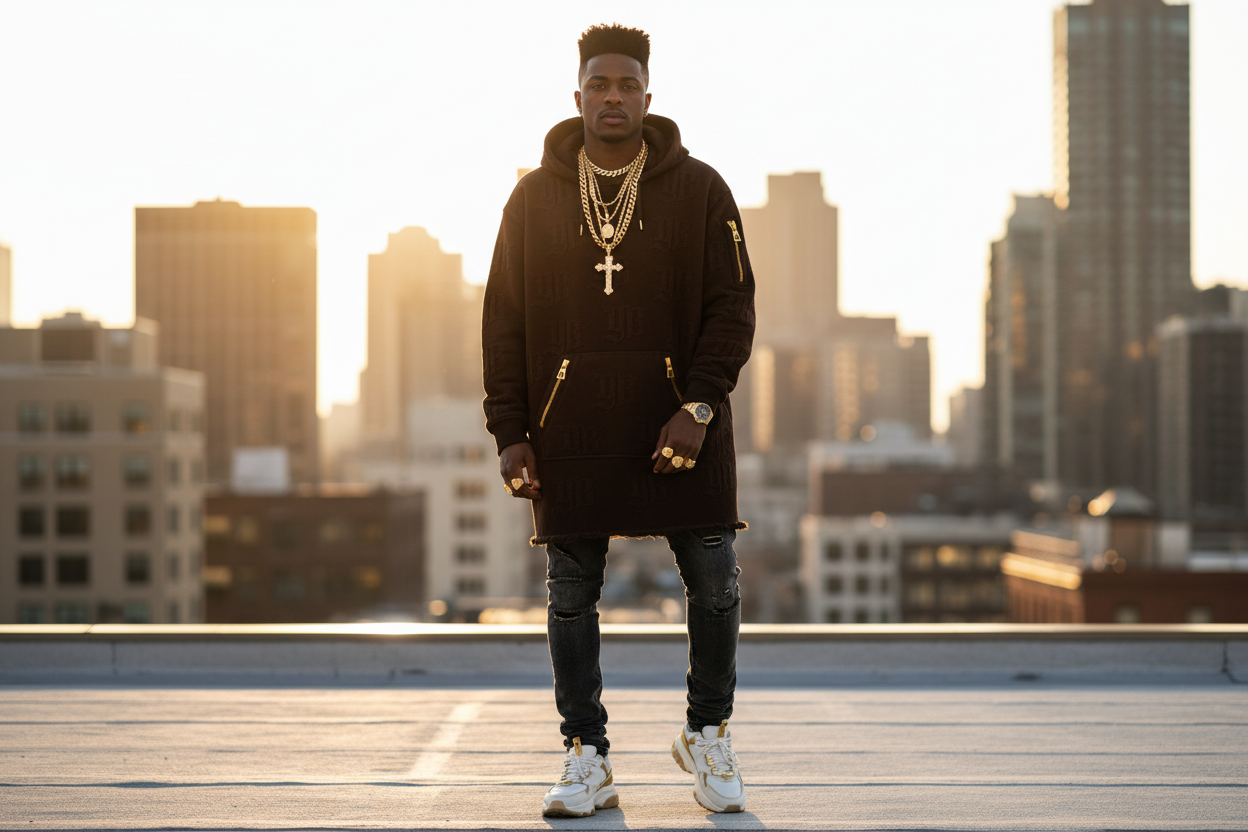 Man in a black hoodie and jeans standing on a rooftop with a city skyline in the background YBP Plug Standard Monogram Hoodie oversized embossed monogram heavyweight streetwear hoodie