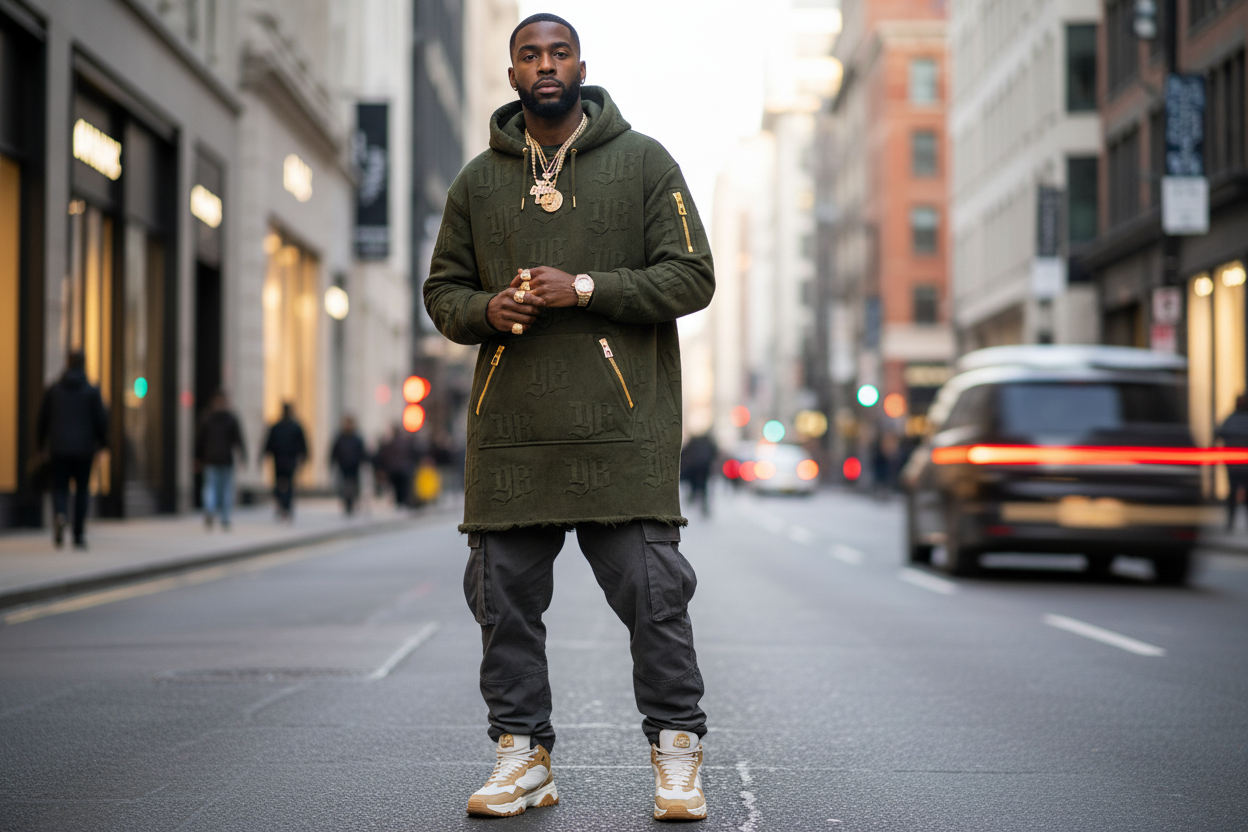 Man in a green hoodie and pants standing on a city street YBP Plug Standard Monogram Hoodie oversized embossed monogram heavyweight streetwear hoodie