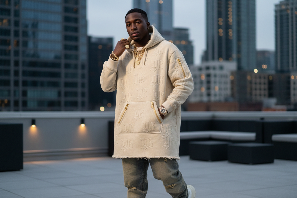 Man wearing a beige hoodie and pants on a rooftop with cityscape background YBP Plug Standard Monogram Hoodie oversized embossed monogram heavyweight streetwear hoodie