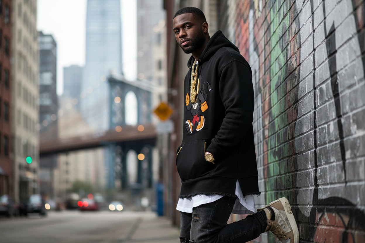 Man in a black hoodie with colorful designs leaning against a brick wall in an urban setting. YBP Plug Standard Utility Hoodie with chenille Plug Walk mascot oversized heavyweight streetwear hoodie
