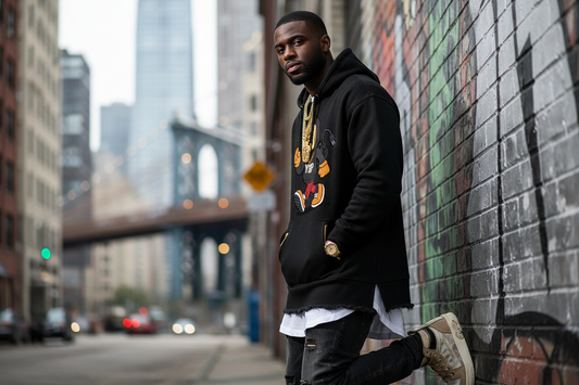 Man in a black hoodie with colorful designs leaning against a brick wall in an urban setting. YBP Plug Standard Utility Hoodie with chenille Plug Walk mascot oversized heavyweight streetwear hoodie