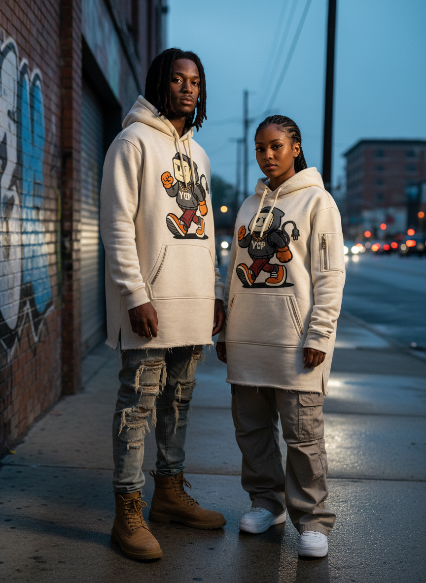 Two people wearing matching hoodies with a cartoon character design on a street at night. YBP Plug Standard Utility Hoodie with chenille Plug Walk mascot oversized heavyweight streetwear hoodie