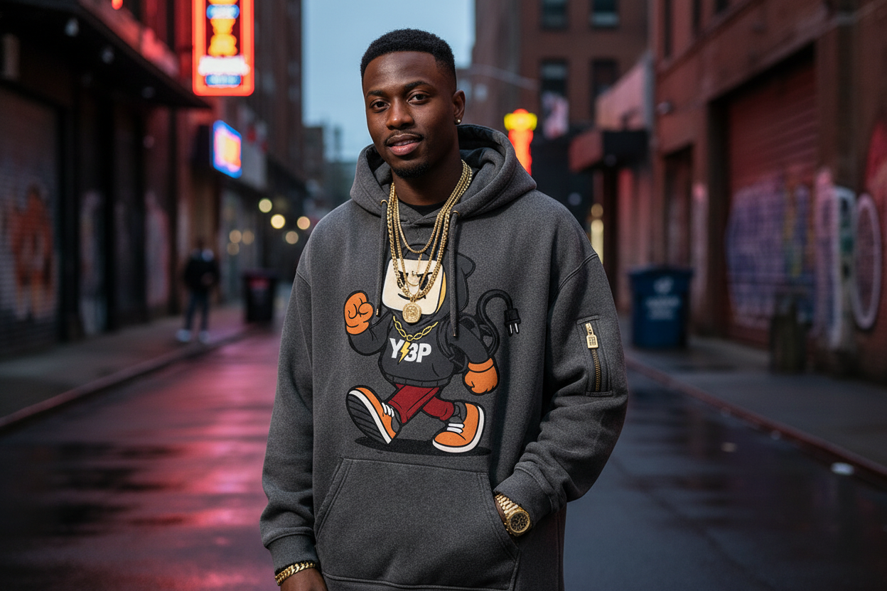 Man wearing a hoodie with a graphic design on a city street at night. YBP Plug Standard Utility Hoodie with chenille Plug Walk mascot oversized heavyweight streetwear hoodie