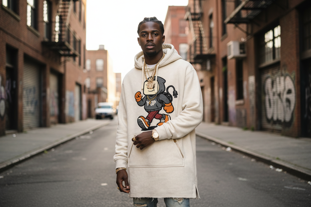 Man wearing a white hoodie with a graphic design on a street with buildings and graffiti in the background YBP Plug Standard Utility Hoodie with chenille Plug Walk mascot oversized heavyweight streetwear hoodie