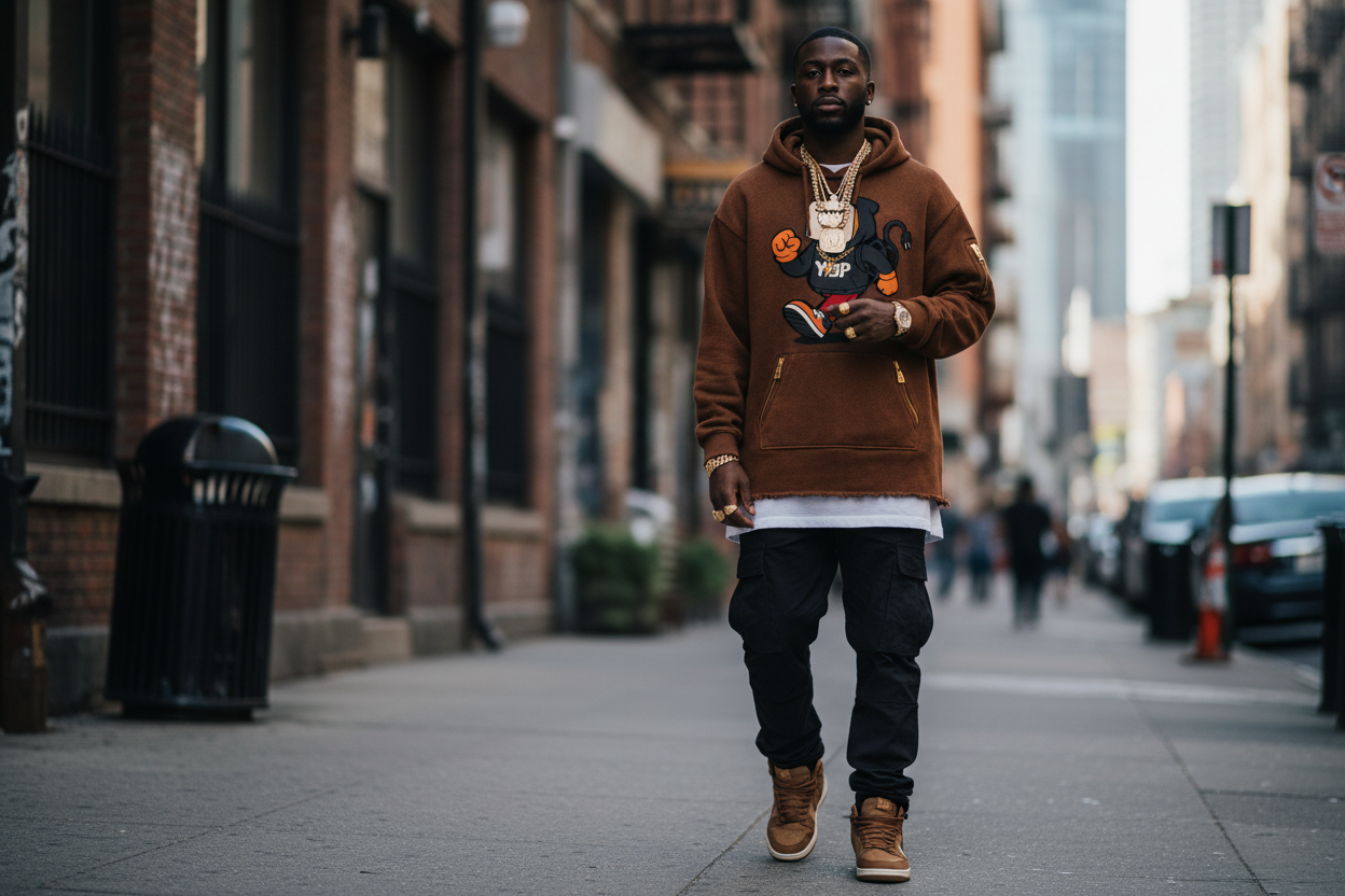Man wearing a brown hoodie and dark pants walking on a city street. YBP Plug Standard Utility Hoodie with chenille Plug Walk mascot oversized heavyweight streetwear hoodie