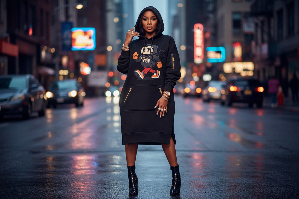 Woman in a black hoodie and skirt standing on a city street at night. YBP Plug Standard Utility Hoodie Dress with chenille Plug Walk mascot oversized heavyweight streetwear dress