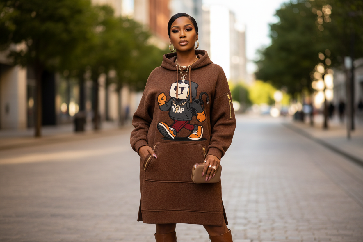 Woman wearing a brown hoodie with a graphic design on a city street YBP Plug Standard Utility Hoodie Dress with chenille Plug Walk mascot oversized heavyweight streetwear dress