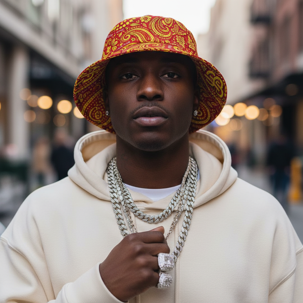 mens red paisley bucket hat styled with streetwear hoodie and gold chains