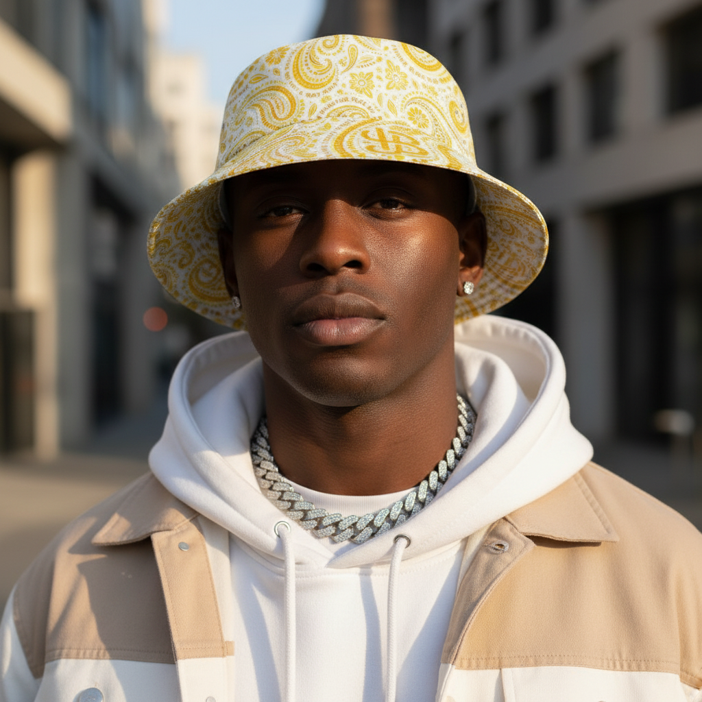 mens gold paisley bucket hat styled with streetwear hoodie and gold chains